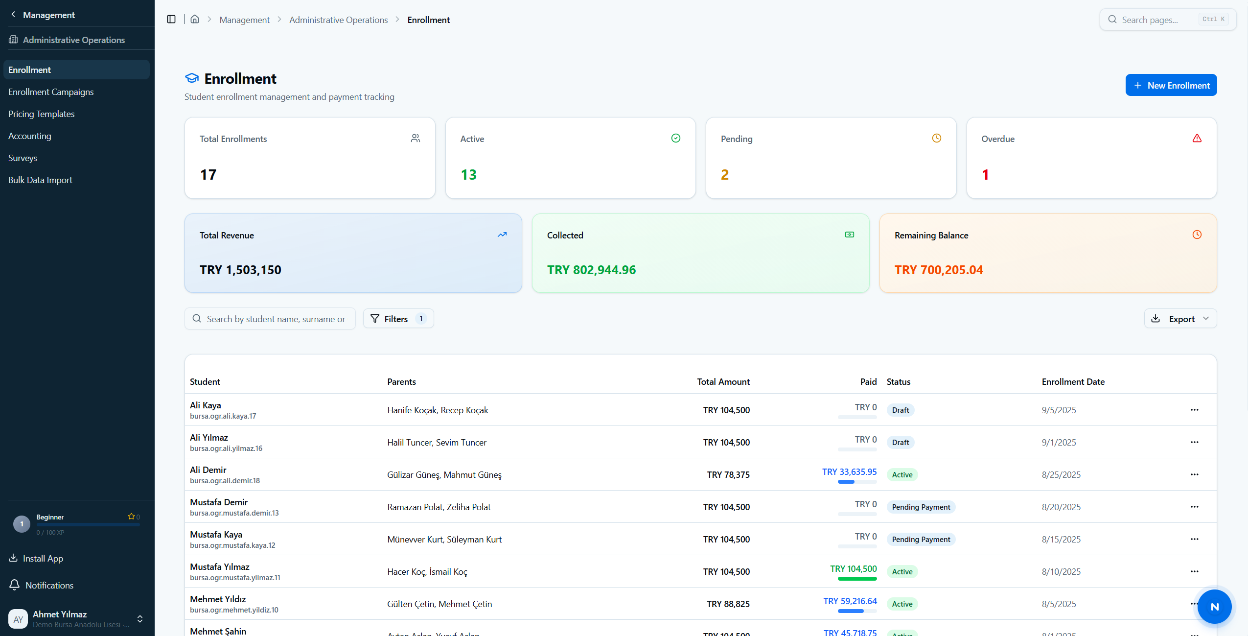 Enrollment Payment Management